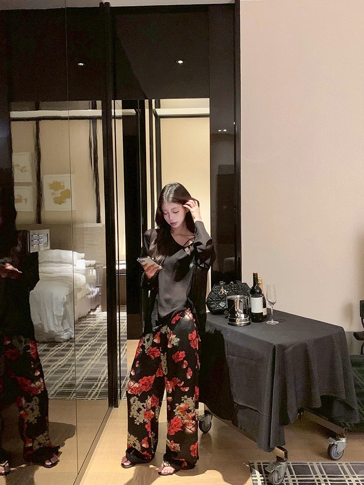 ''Na+''天天穿空調罩衫黑色上衣 復古印花休閒褲