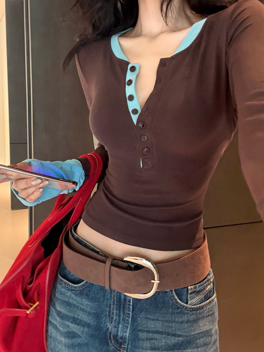 NA+ 精品羊絨美式撞色辣妹緊身鈕扣上衣 咖藍