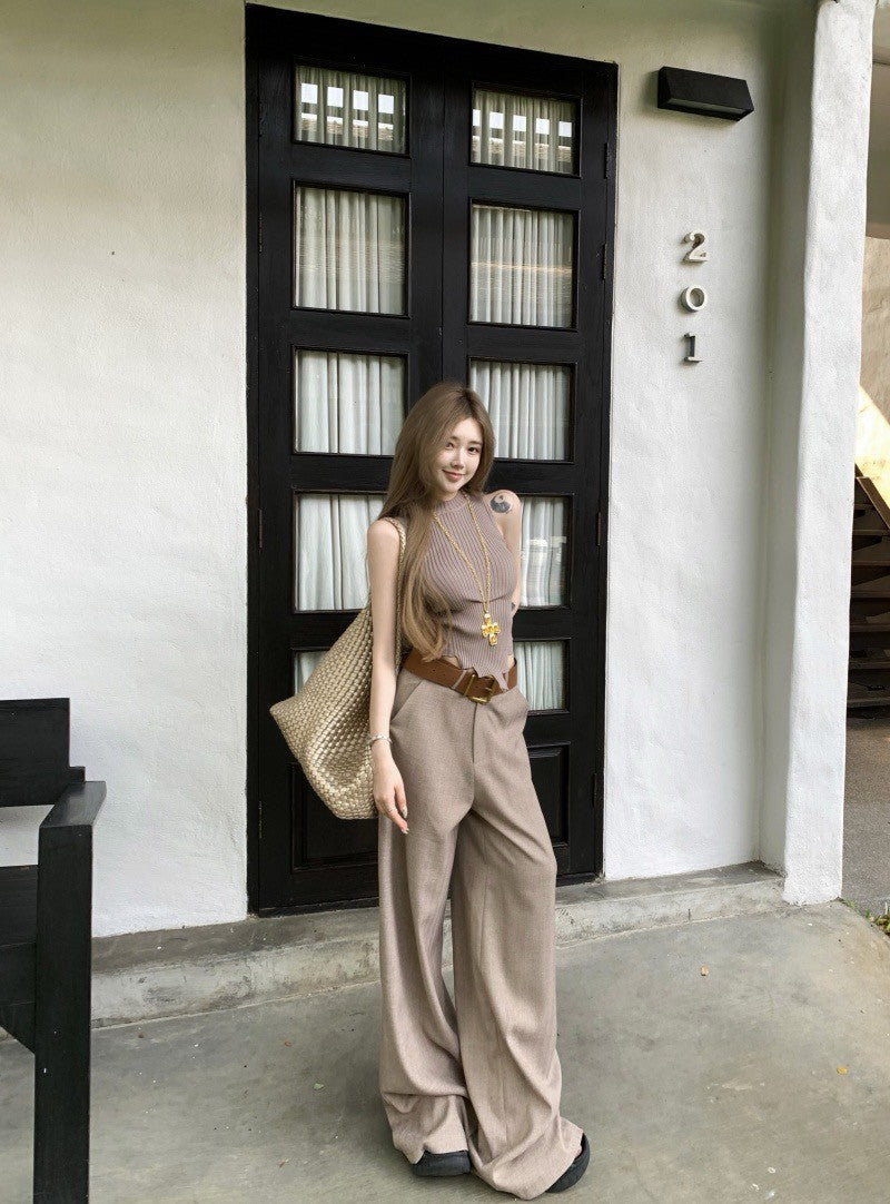 Na+ 不規則設計感針織背心 高腰通勤老錢休閒褲 卡其