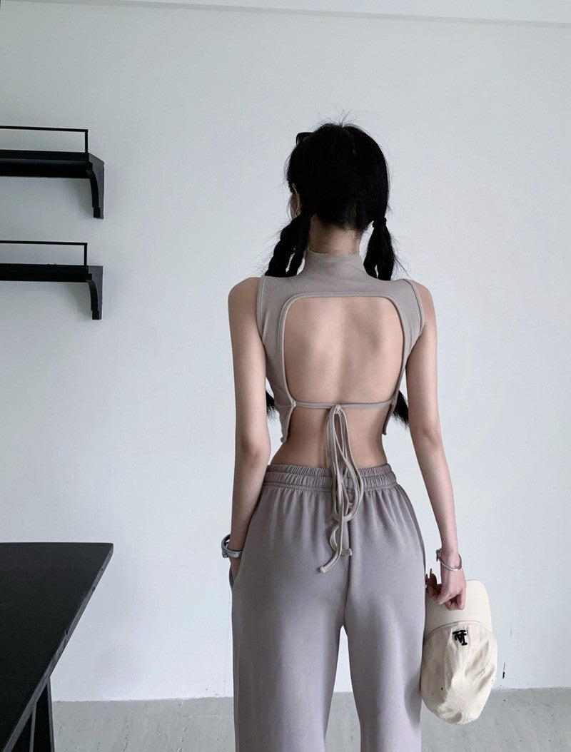 NA+ 美背特輯高領露臍綁帶背心 黑/卡其