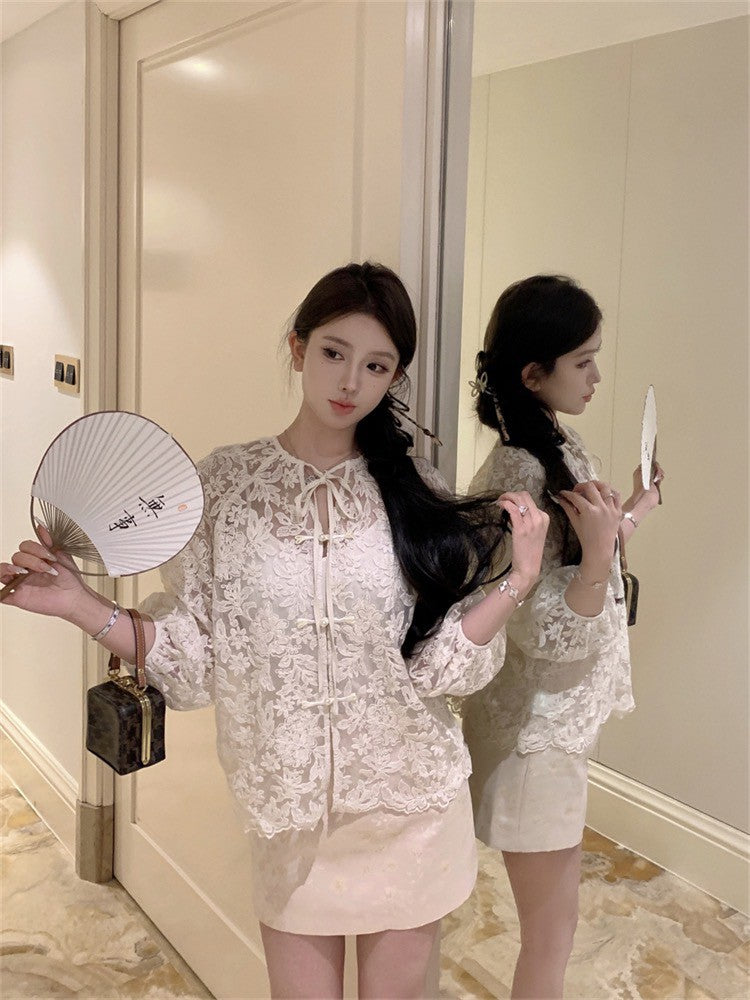 NA+ 手工立體蝴蝶花盤扣襯衫(附背心)中式印花半身裙