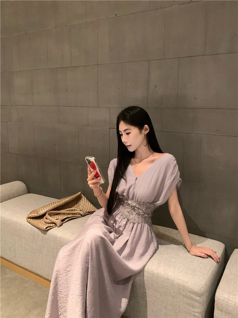 NA+ 定染法式紫水晶收腰V領連身洋裝