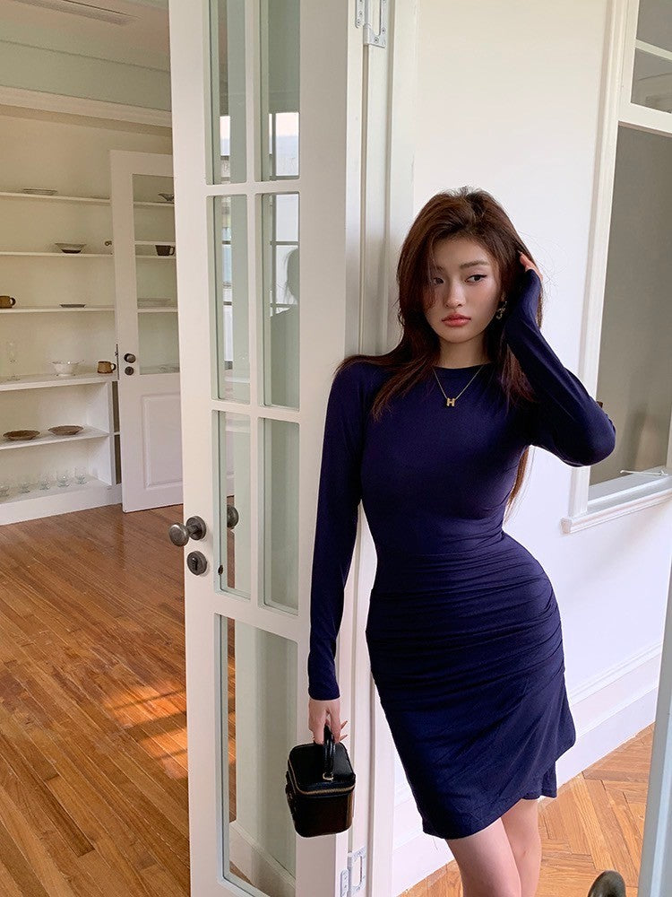 ''Na+''S超模身材 緊身純色抓皺交錯包臀裙 藏青