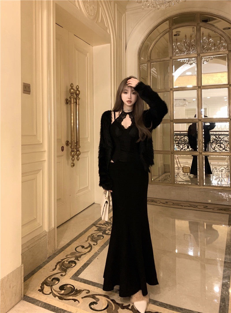 ''Na+''純欲心機 縷空掛脖蕾絲連體背心 魚尾半身裙 黑