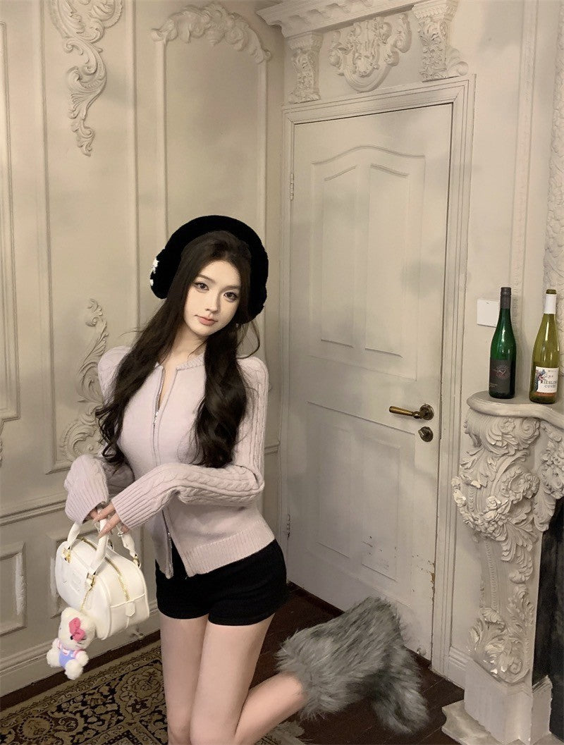 ''Na+''溫柔感 麻花針織雙拉鍊圓領外套