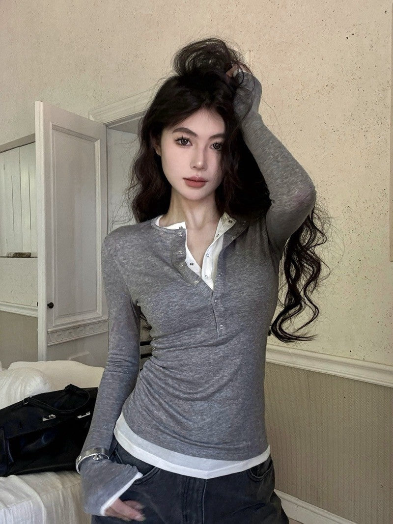 "Na+"韓系假兩件式撞色排扣長袖上衣 灰/咖