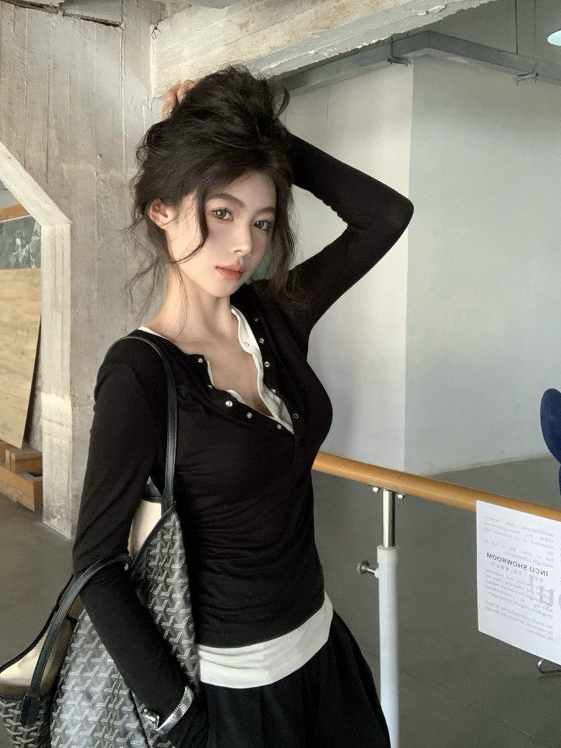 "Na+"韓系假兩件式撞色排扣長袖上衣 黑