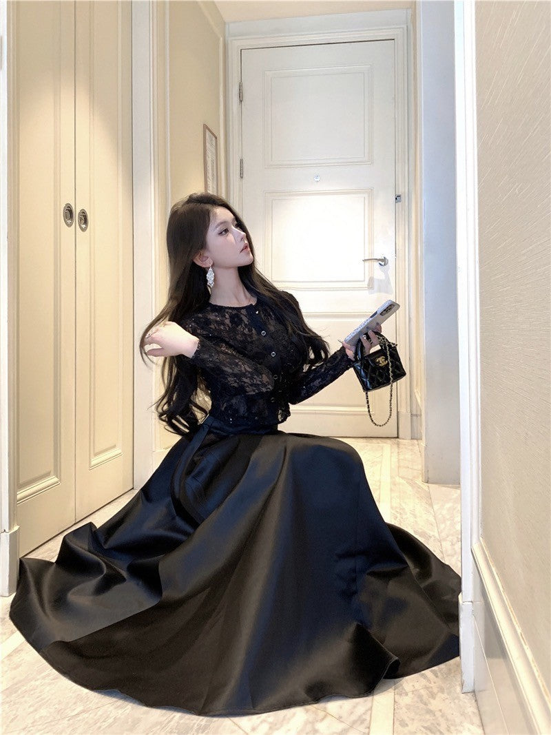 ''Na+''定製午夜 顯瘦蕾絲短上衣 傘裙擺半身裙 黑