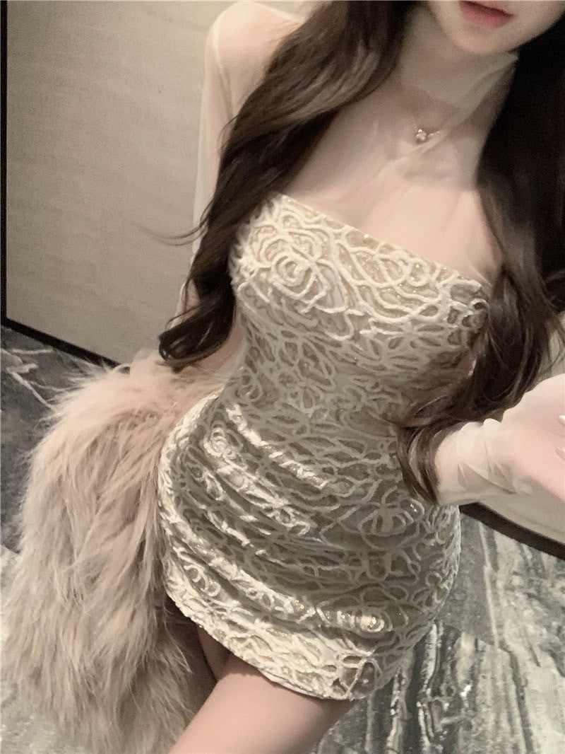 ''Na+''玫瑰花園 透紗拼接性感緹花包臀裙