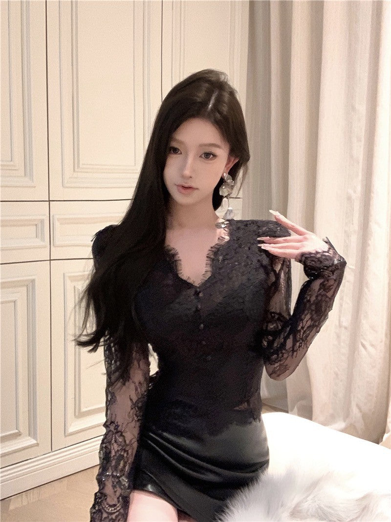 ''Na+''復古上海 透視感蕾絲花邊假兩件式上衣 黑/黑拼藍