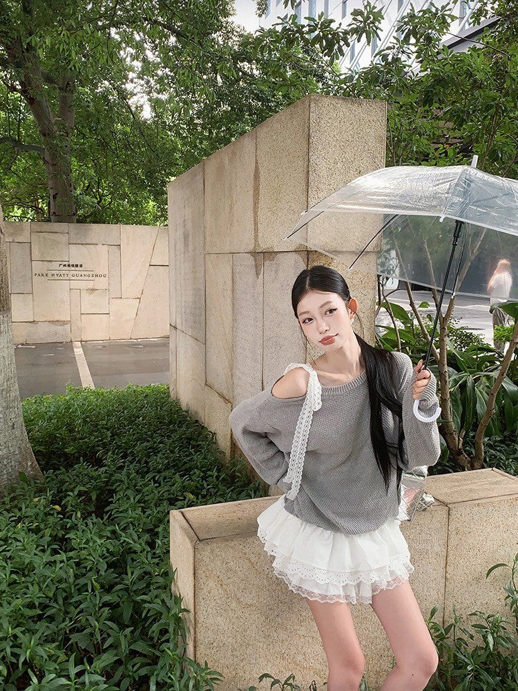 ''Na+''心動突擊 韓系蕾絲拼接蛋糕裙針織兩穿上衣 灰