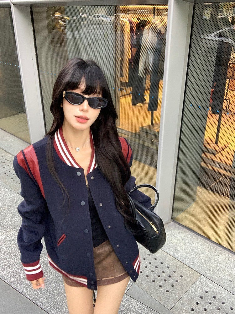 ''Na+''復古英倫 高階撞色皮革拼接棒球外套