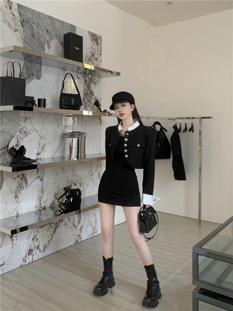 "Na+"撲克少女 黑白撞色排扣小香外套 設計感包臀裙