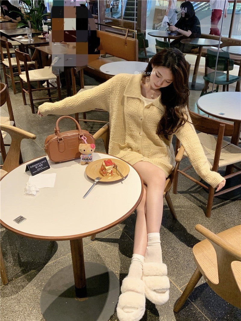 "Na+"奶黃顯白 慵懶口袋針織排扣外套