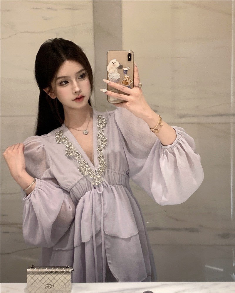 "Na+"輕奢仙女 鑽黏泡泡袖收腰連身洋裝