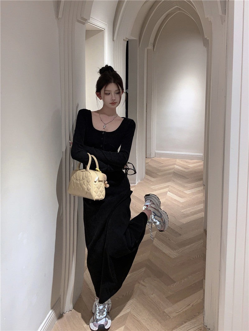 "Na+"復古甜辣 方領修身顯瘦長袖連身裙 長款