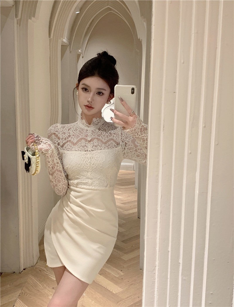 "Na+"古典晚宴會 蕾絲拼接半高領抓皺連身裙 白