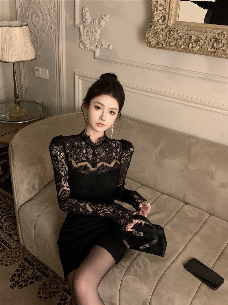 "Na+"古典晚宴會 蕾絲拼接半高領抓皺連身裙 黑