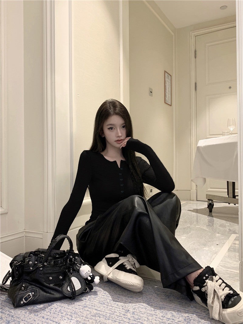 ''Na+''可調鈕扣緊身彈力長袖上衣 黑/白