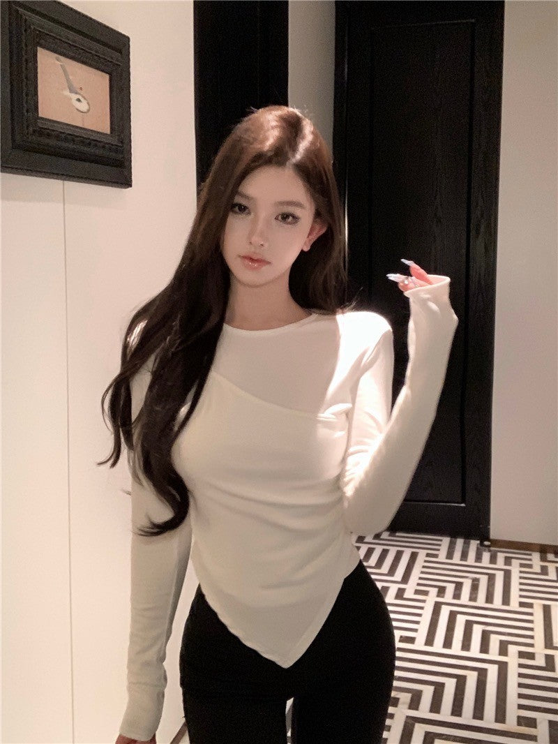 "Na+"簡約 不規則設計感假兩件式上衣 黑/白