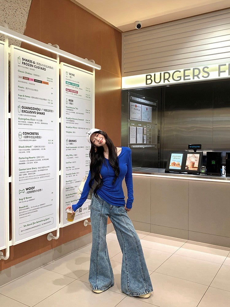 ''Na+''純欲軌跡 辣妹性感露背U領修身上衣 藍