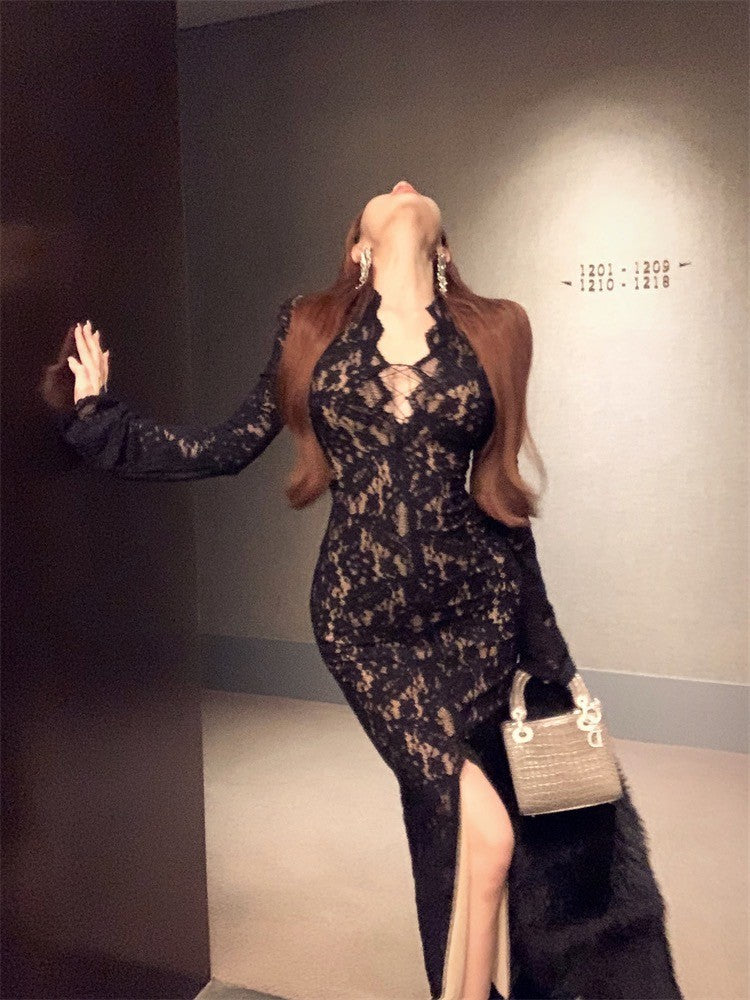 ''Na+''氣質繆思 女神蕾絲緹花修身V領設計感連身裙 黑/白