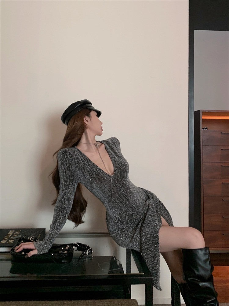 ''Na+''焦點目光 辣妹細閃紗編織V領飄帶連身裙 銀/黑