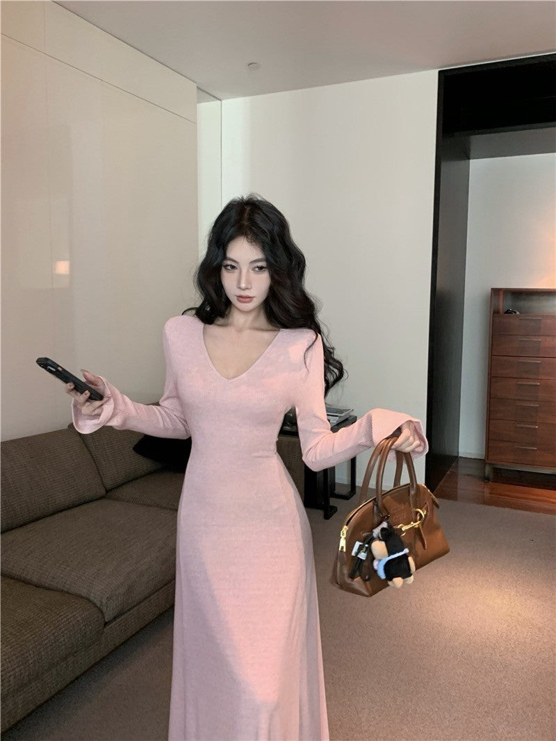 ''Na+''復古女伶一件可出門 V領魚尾裙擺連身裙 紅/淡粉