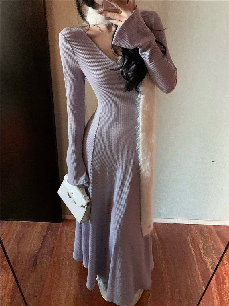 ''Na+''復古女伶一件可出門 V領魚尾裙擺連身裙 黑/淺紫