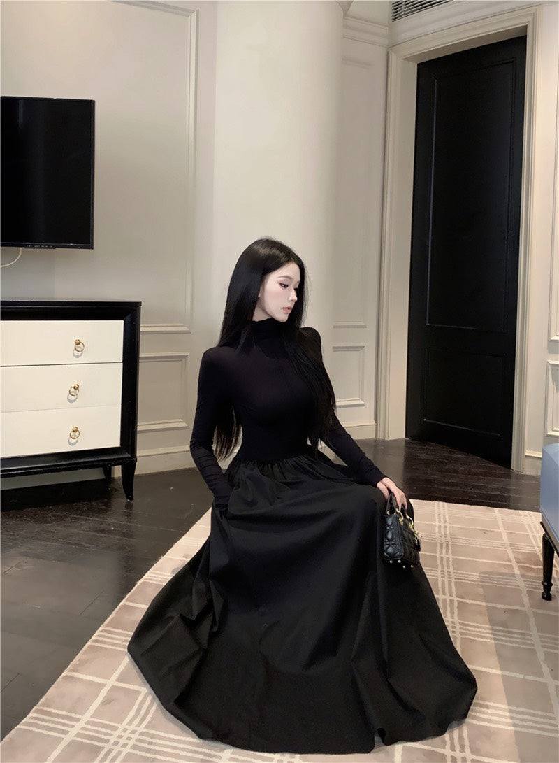 NA+ 暗黑女爵高領拼接針織連衣裙 黑