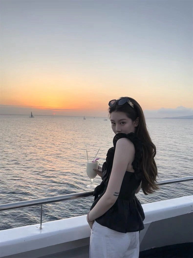 NA+ 娃娃vibe 重工魚線木耳邊繫帶上衣 白/黑