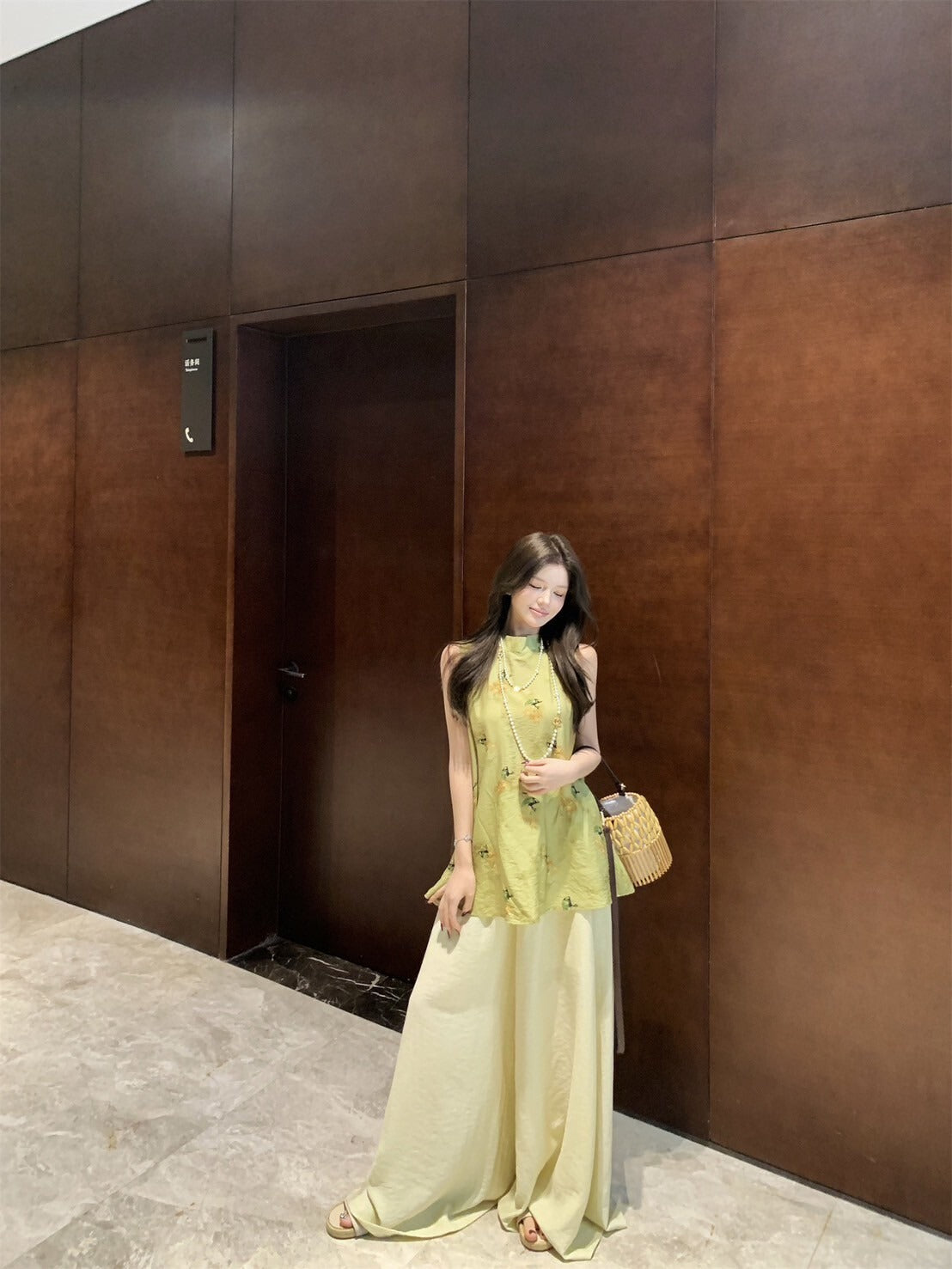 NA+ 飛花落葉 新中式提花背心/高腰闊腿褲