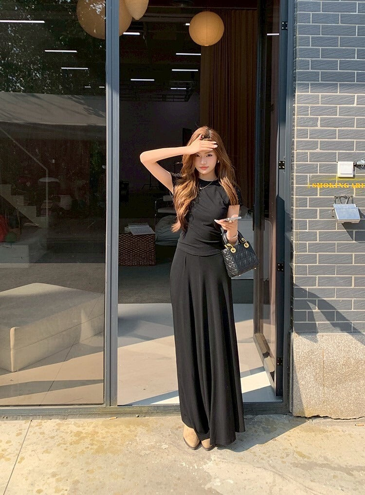 NA+ 基礎通勤 氣質圓領上衣半身裙套裝 黑