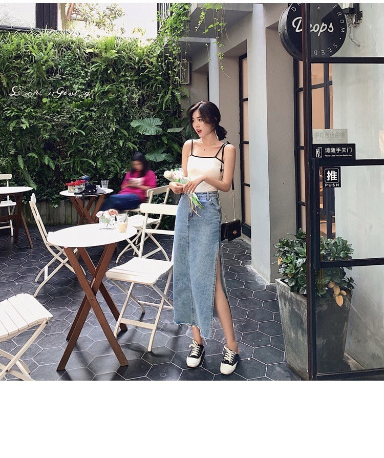 NA+ 簡約好看 修身側開衩牛仔半身裙