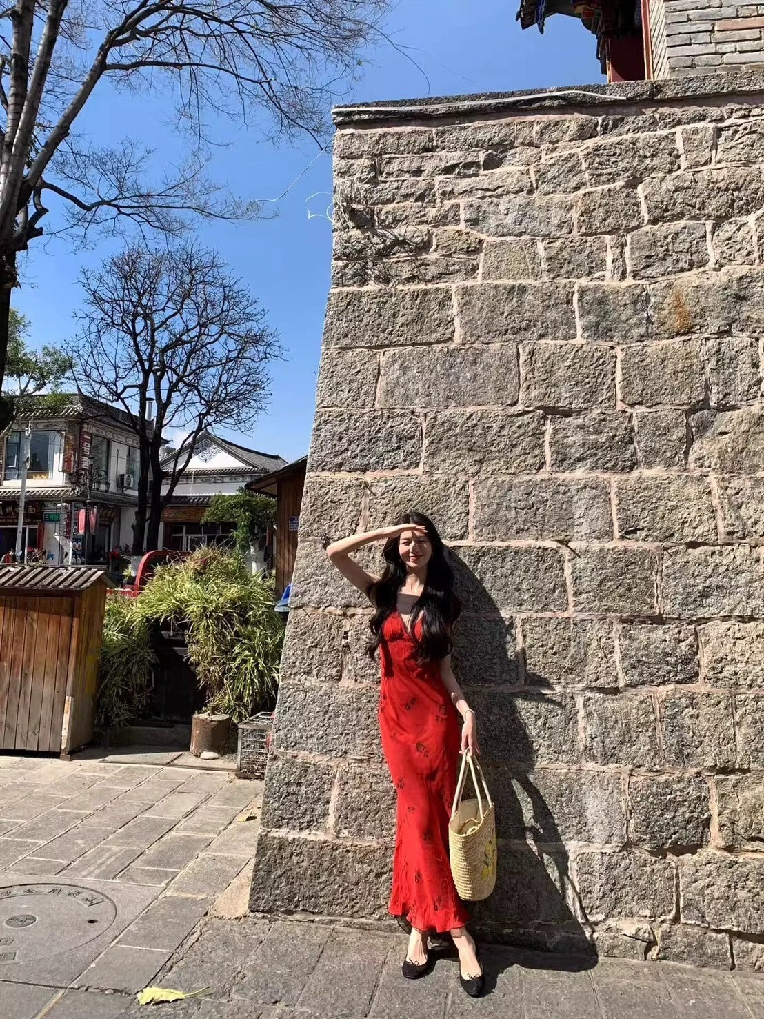 NA+ 紅酒微醺 復古薔薇花V領連身裙