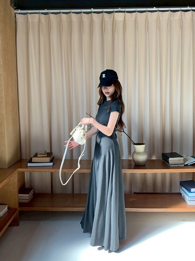 NA+ 基礎通勤 氣質圓領上衣半身裙套裝 灰