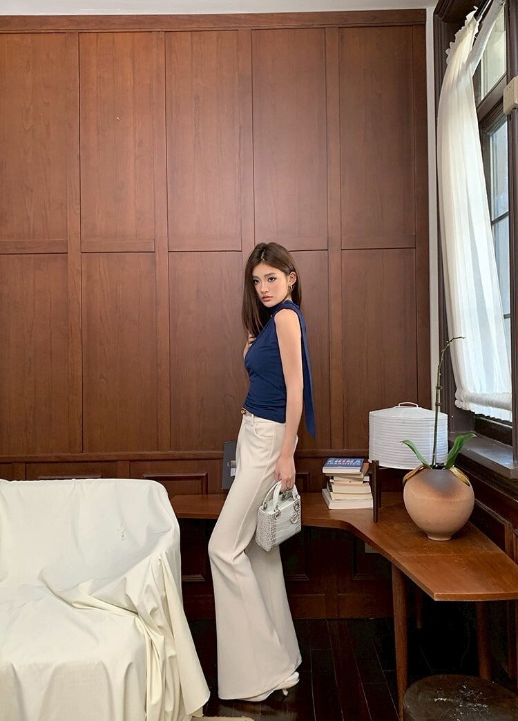 NA+ 溫柔斬女ootd 削肩飄帶藍色背心/高腰休閒米色長褲