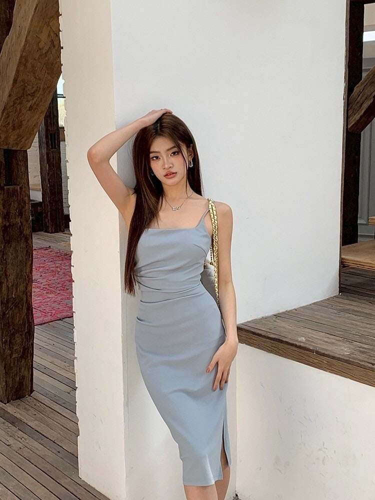 NA+ 氣質蔚藍色抓皺腰修身裙