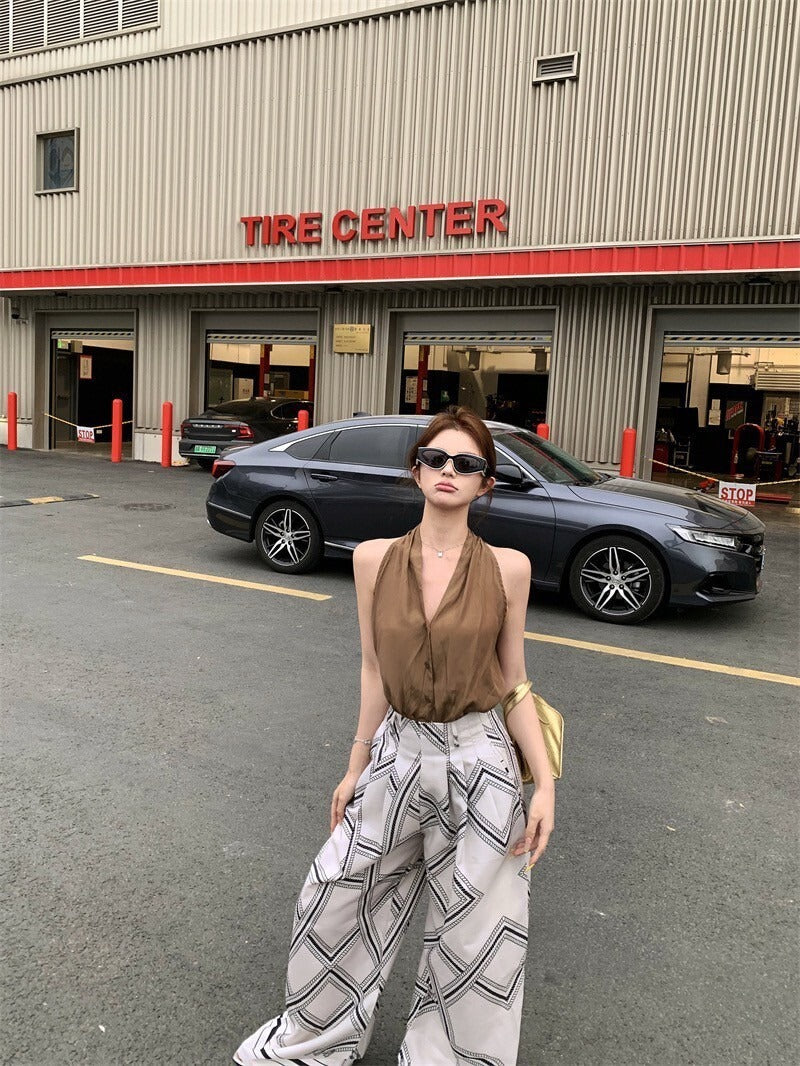 NA+ 老錢通勤私服 卡其休閒背心/印花闊腿褲