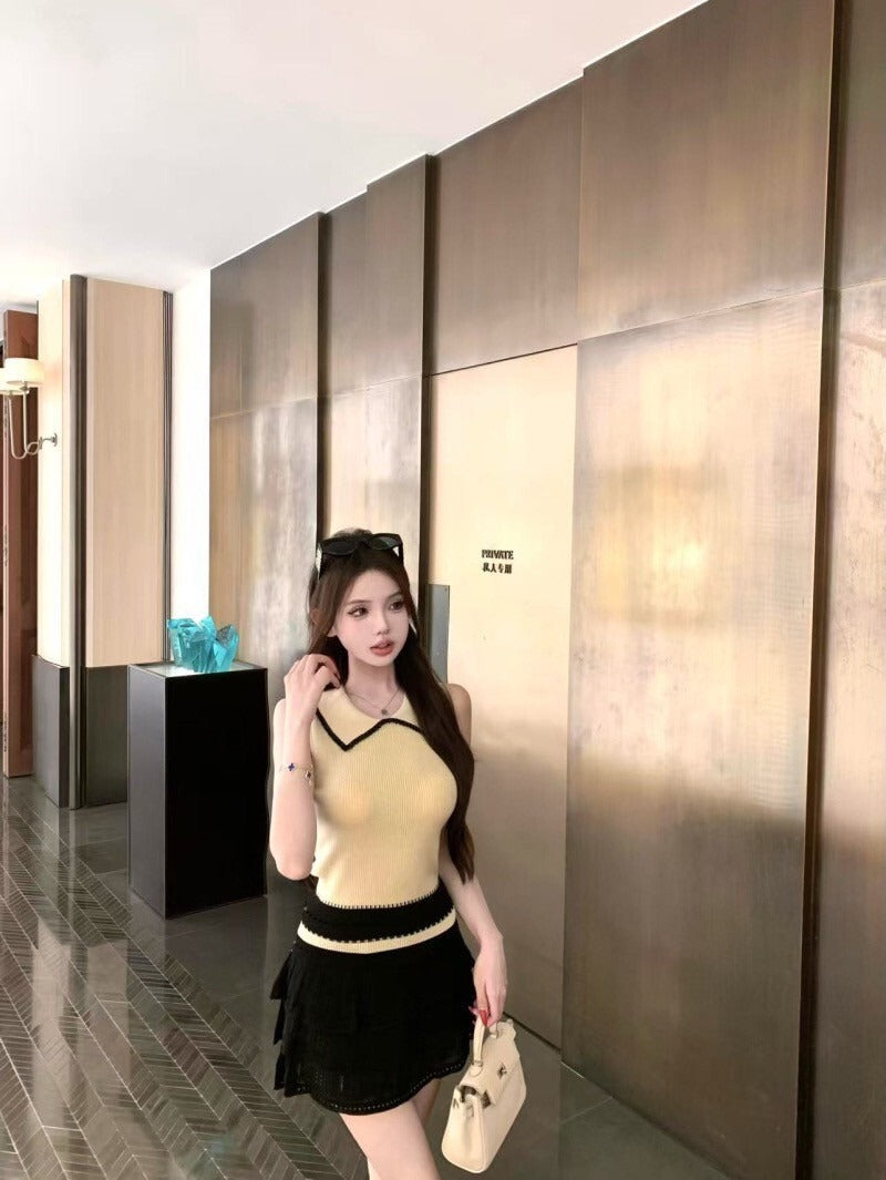 NA+ 戀戀巴黎娃娃領鉤針背心 黑色蛋糕半身裙