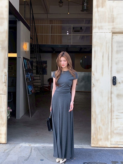 NA+ 基礎通勤 氣質圓領上衣半身裙套裝 灰