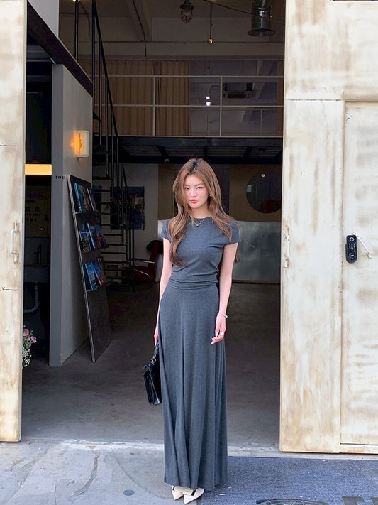 NA+ 基礎通勤 氣質圓領上衣半身裙套裝 灰