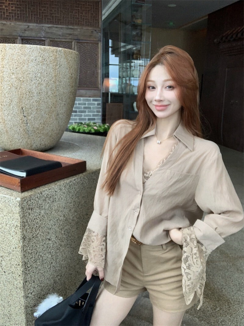 NA+ 韓chic知性女 蕾絲拼接卡其襯衫/百搭短褲
