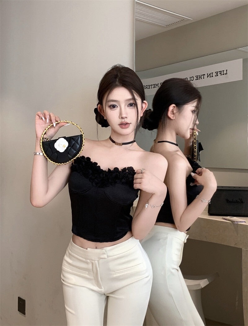 NA+ 立體花修身魚骨抹胸 黑