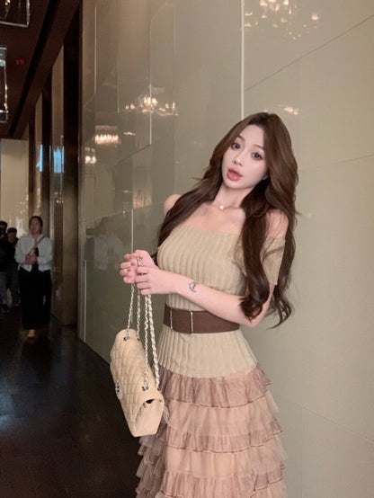 NA+ 輕奢時髦針織上衣 高腰網紗蛋糕裙