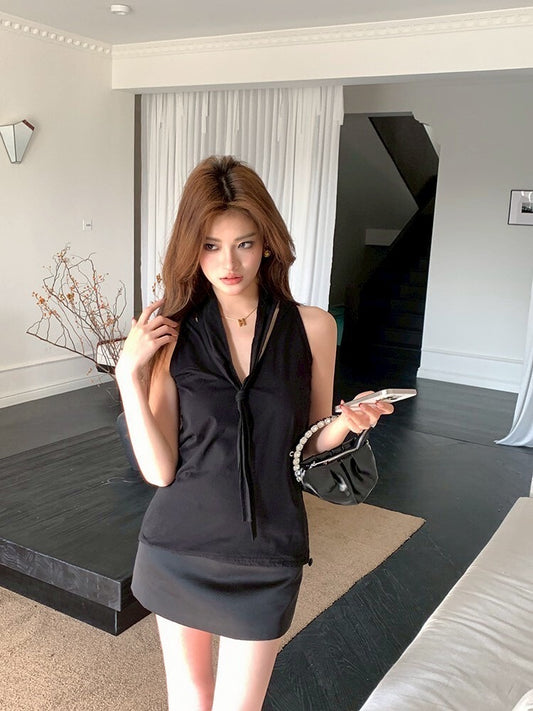 NA+ 百搭復古抽繩黑色背心/黑色緞面半裙