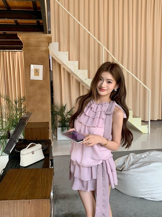 NA+ 愛戀清新 粉色花邊飄帶上衣套裝