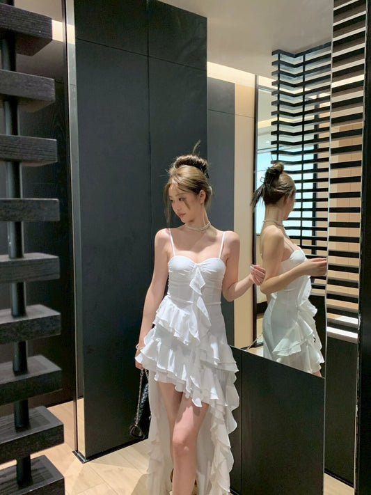 NA+ 靈動光影 不規則荷葉下襬連身裙 白