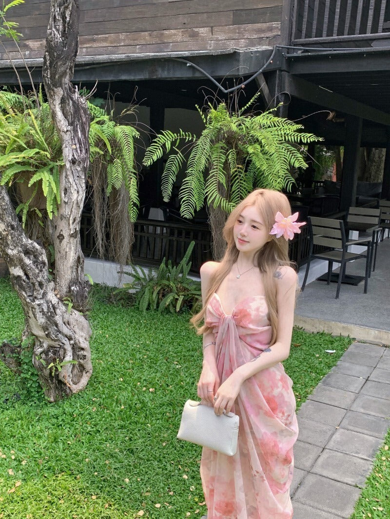 NA+ 春煙扶柳氣質扎染抹胸度假裙 粉