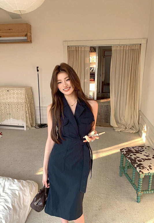 NA+ 時髦女神裙 通勤polo領無袖繫帶連身裙